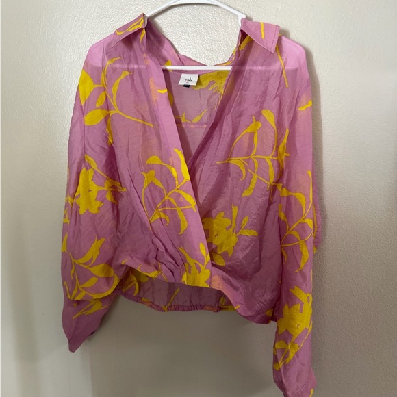 CAbi Purple and Yellow Floral Gauze Wrap Drift Top Women’s XL Bloomcore - Picture 2 of 3